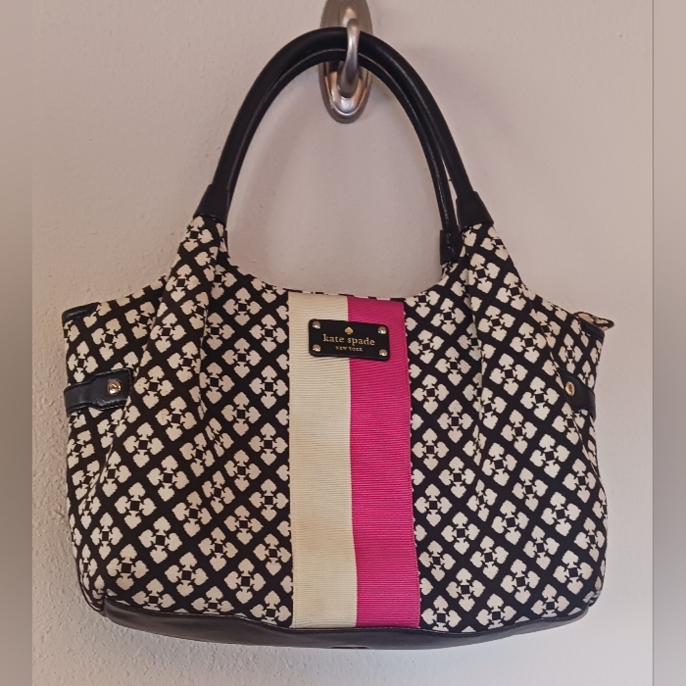 Kate Spade Stevie Canvas Hobo Women's Bag Black White Pink Handbag Purse
